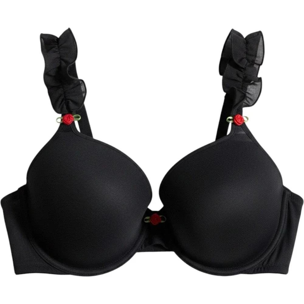 Parade T-Shirt Bra Womens Black Padded Cup Silky Mesh Ruffle Rose Small